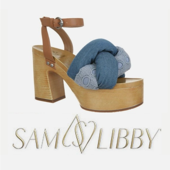 Sam & Libby Shoes - Sam & Libby Cassandra Denim Indigo Blue and Tan Platform Sandals Size: 8…